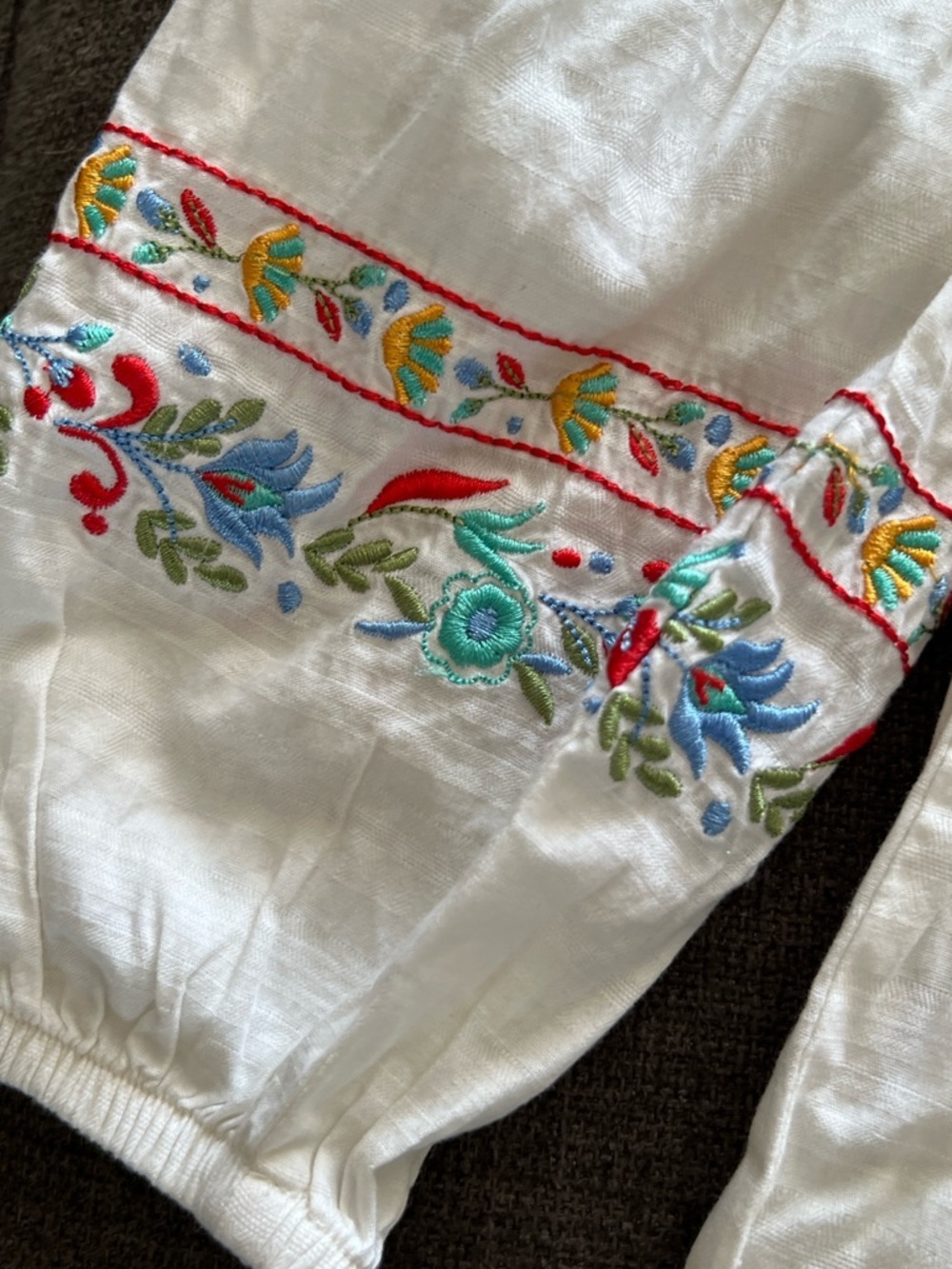 White Cotton Floral Embroidered Peasant Tunic Top Boho Fairycore Tassel Tie - Picture 4 of 9